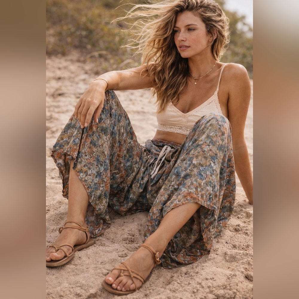 Low-Rise Festival-Core Harem Palazzo Pants – Boho Earthy Print | One Size